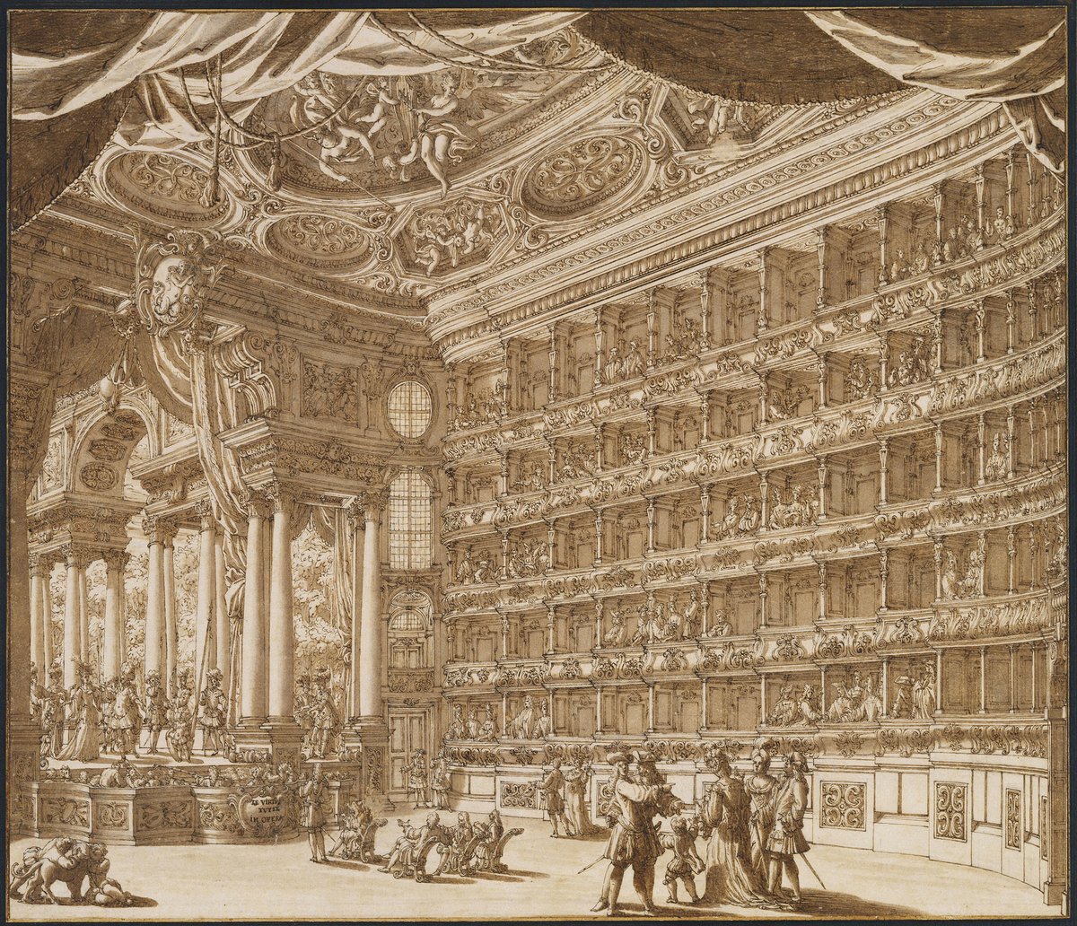 Drawing of the auditorium and stage of Teatro Filarmonico in Verona by Francesco Bibiena and Giuseppe Chamant, circa 1729
