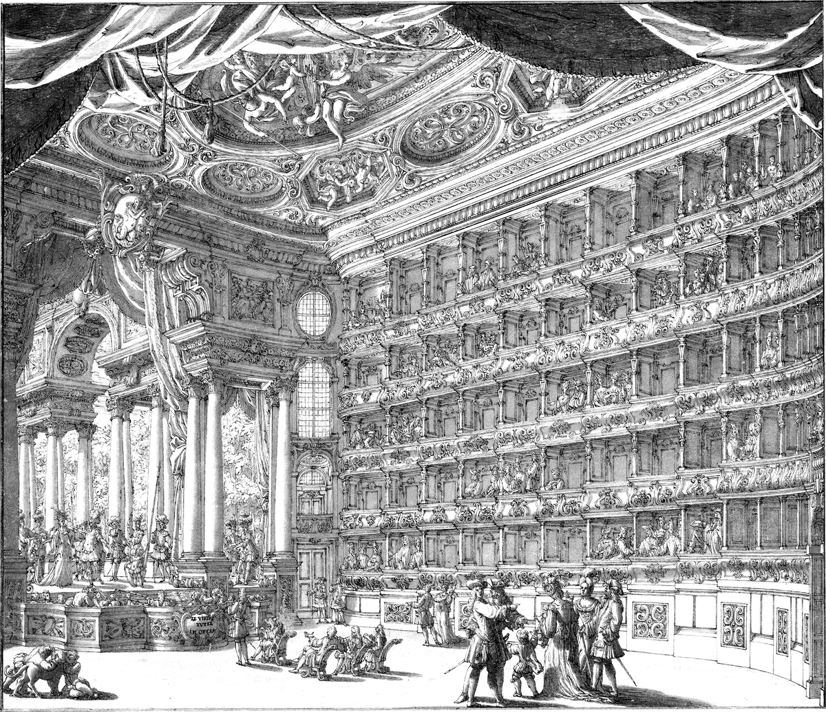 Drawing of the auditorium and stage of Teatro Filarmonico Verona c. 1729 by Francesco Bibiena and Giuseppe Chamant