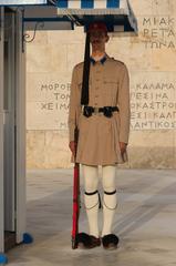 Evzone soldier standing guard at the Monument to the Unknown Soldier in Athens, Greece