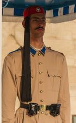 Evzone guard standing at the tomb of the Unknown Soldier in Athens Greece