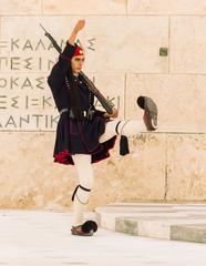 Evzone soldier marching at Tomb of the Unknown Soldier Athens Greece