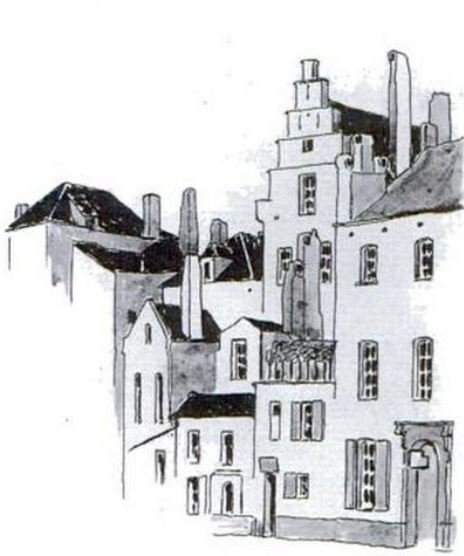 Drawing before demolition of houses at Place de la Grue hiding remains of the Black Tower