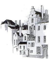 Drawing before demolition of houses at Place de la Grue hiding remains of the Black Tower