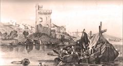 Boat crossing the Rhône River in the 19th century