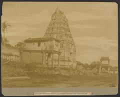 Belloor temple of Vishnu with Nagarcana Gopuram and Tharomootee stone structures adorned with Hindu deity carvings