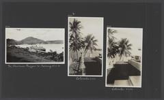 Vintage album page featuring three black and white photos: left photo shows the ship Christiaan Huygens docked at Sabang, Sumatra; middle and right photos depict views of Colombo harbor, Ceylon
