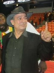 Osumanu Adama with his manager Wasfi Tolaymat celebrating IBO International middleweight title win in UIC Pavilion Chicago