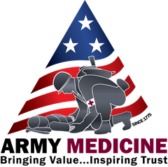 Army Medicine Logo with a blue cross and serpent symbol