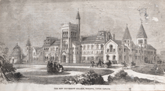 Front exterior of University College Toronto with people walking and riding horses 1850s woodcut print