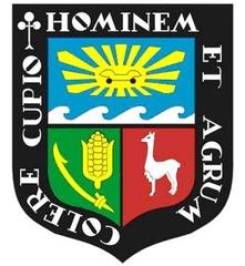Coat of arms of La Molina National Agrarian University with agricultural symbols and colorful elements