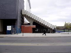Entrance, seating, and playing field of Varsity Centre in Toronto