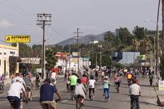 Cyclists heading east on Ventura Boulevard in Studio City during CicLAvia event