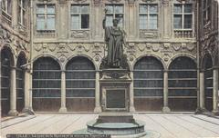 Old postcard of Lille showing the courtyard of the Old Stock Exchange and statue of Napoleon I