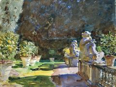 Garden view of Villa di Marlia in Lucca with lush greenery and statues
