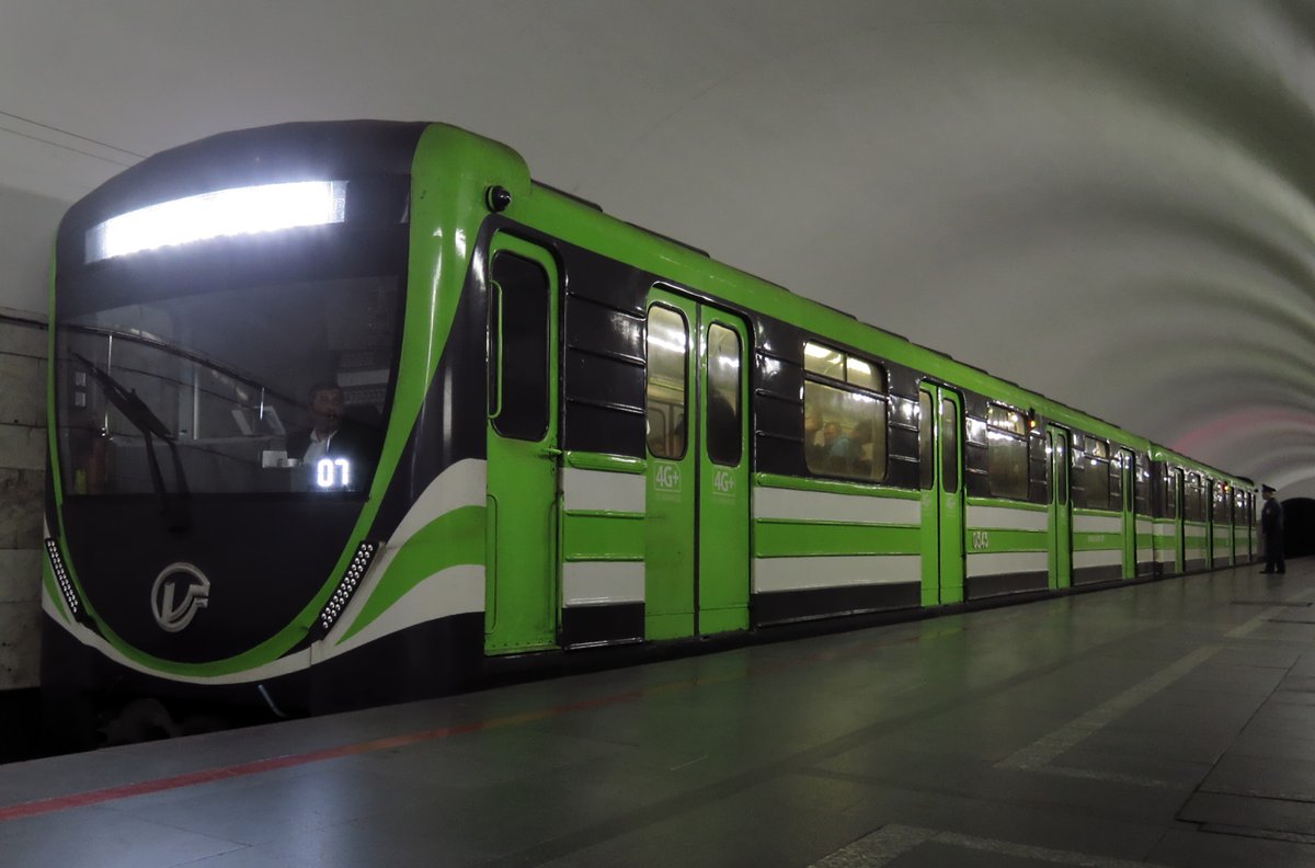 Two-car electric multiple unit 81-717m at Yeritasardakan station Yerevan Metro Armenia