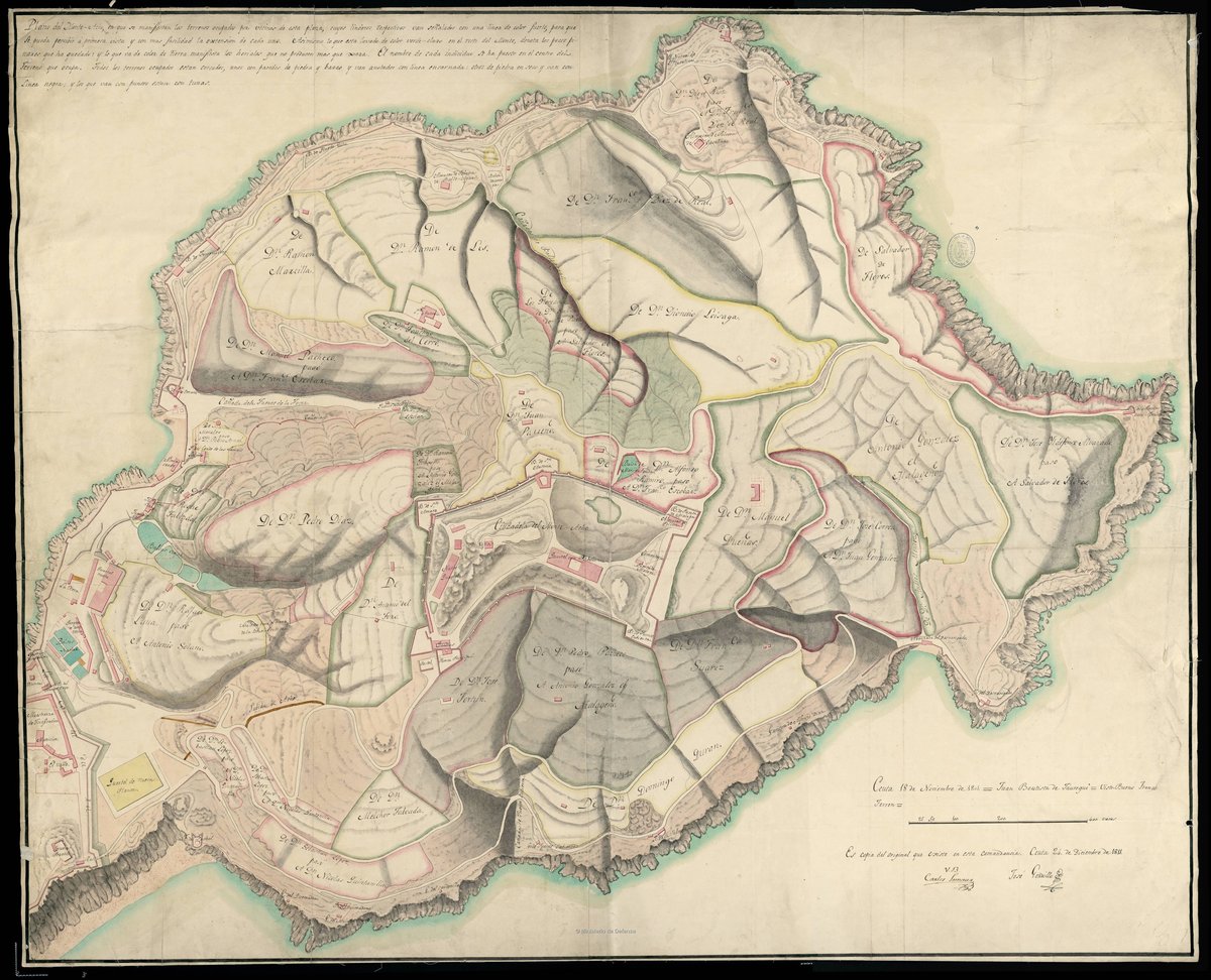 Historical map of Monte Acho in Ceuta showing the lands occupied by the plaza residents in 1801