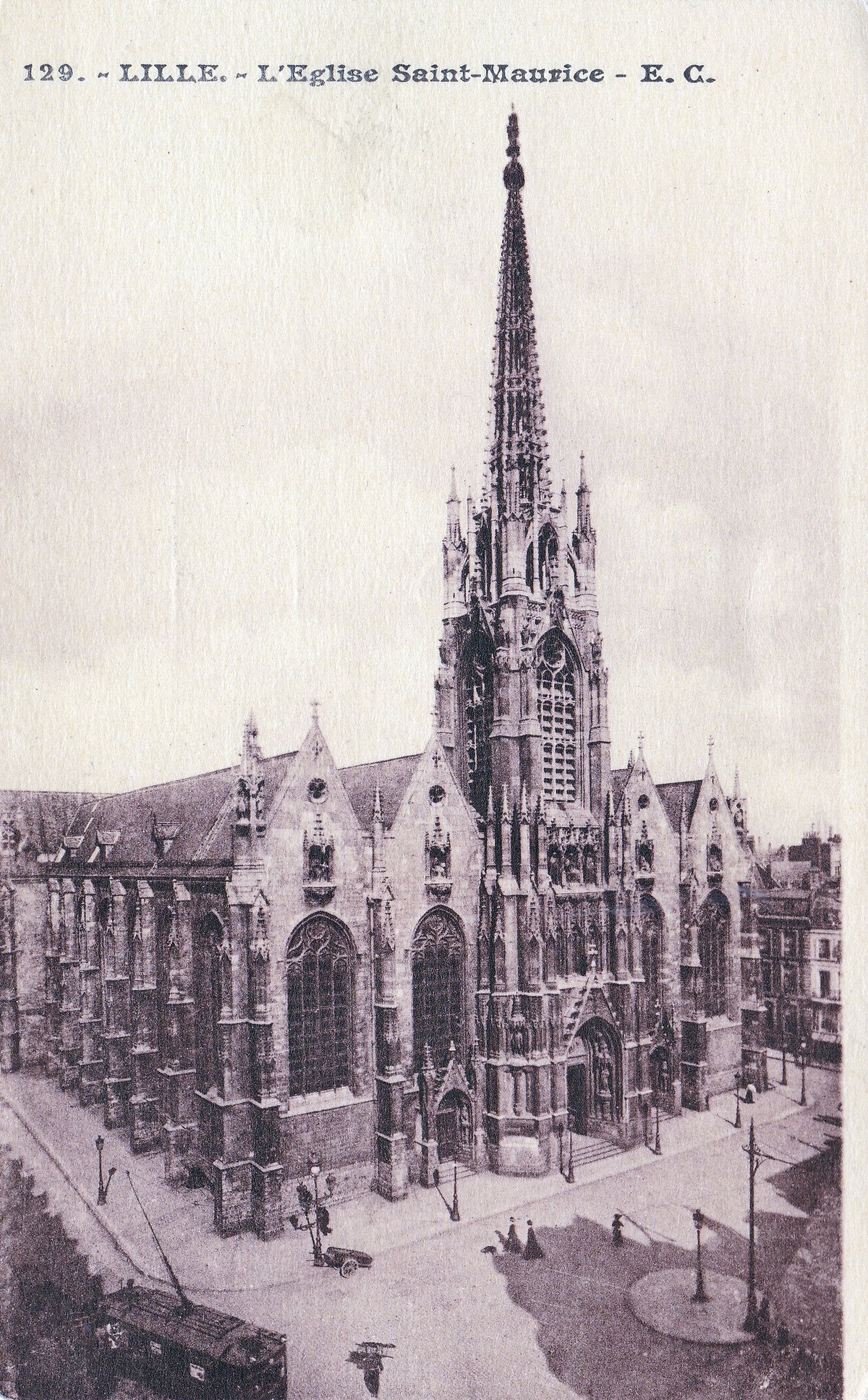 Saint Maurice Church in Lille before World War I with street scenes and tramway