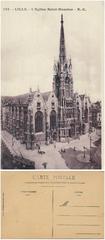 Historic black and white photo of Église Saint-Maurice church in Lille, France before World War I with street scenes and tramway