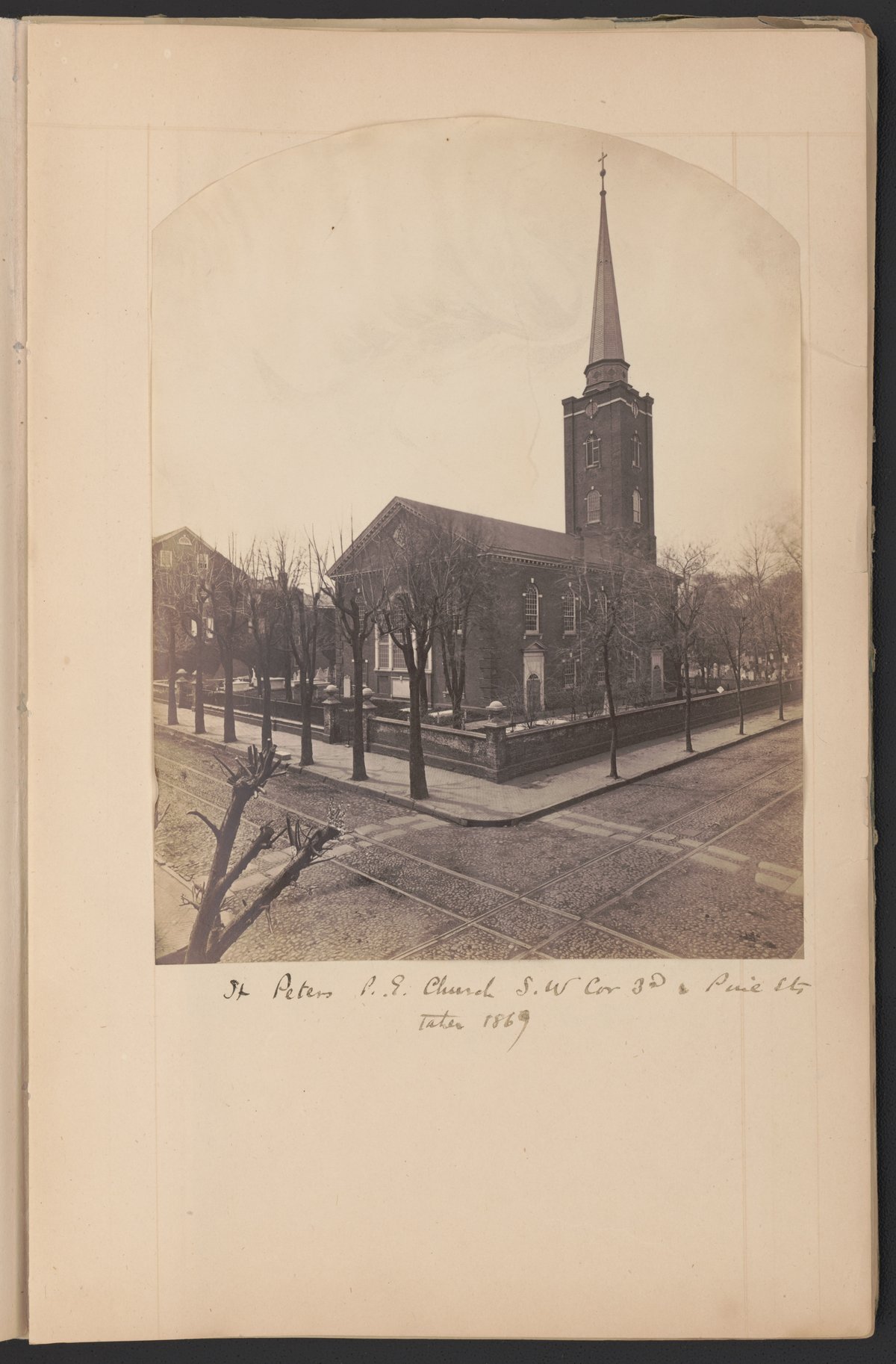 St. Peter's P.E. Church at the southwest corner of 3rd and Pine Streets in 1869