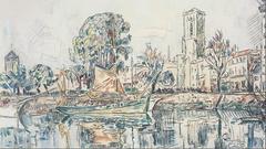 Painting of the harbor of La Rochelle with boats and buildings by Paul Signac