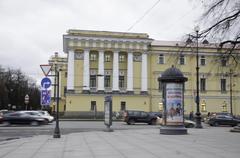 Winter scene in Saint Petersburg on 21st December 2015 with snow-covered buildings and a street view