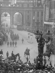 London Regiments marching from Buckingham Palace to the Tower passing under Admiralty Arch with nurses leading the procession on 5th July 1919