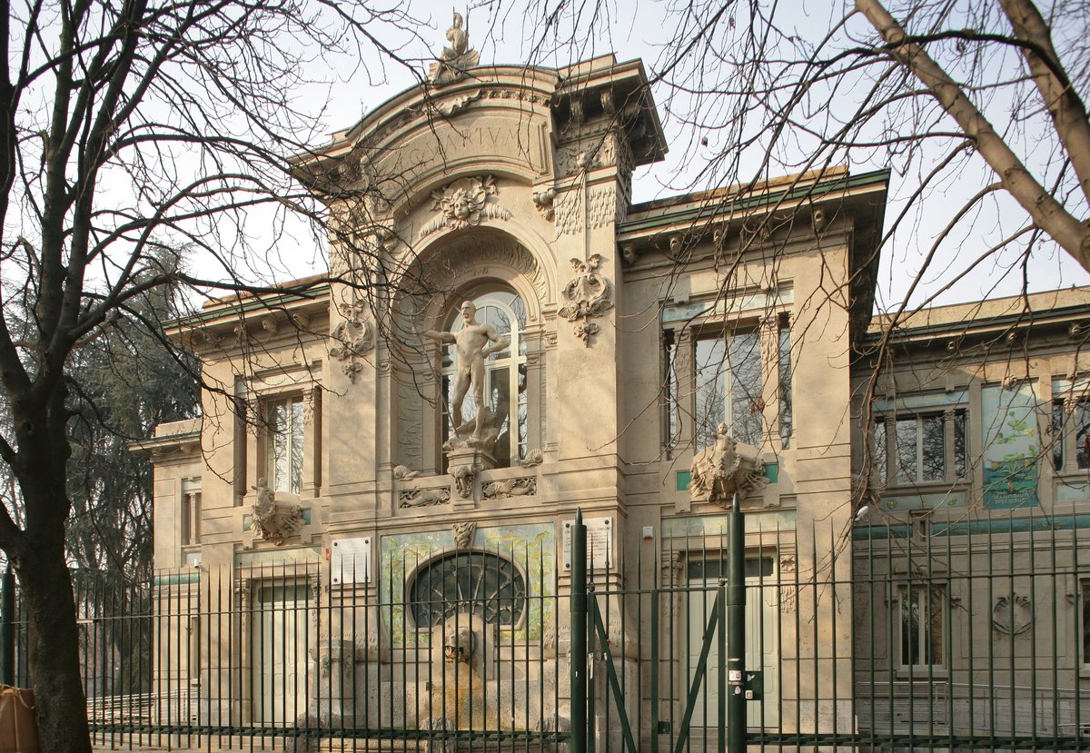 Facade of the Acquario civico di Milano with the Neptune statue