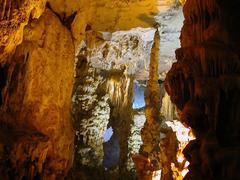 August 2003 view inside a cave in Ha Long with natural rock formations