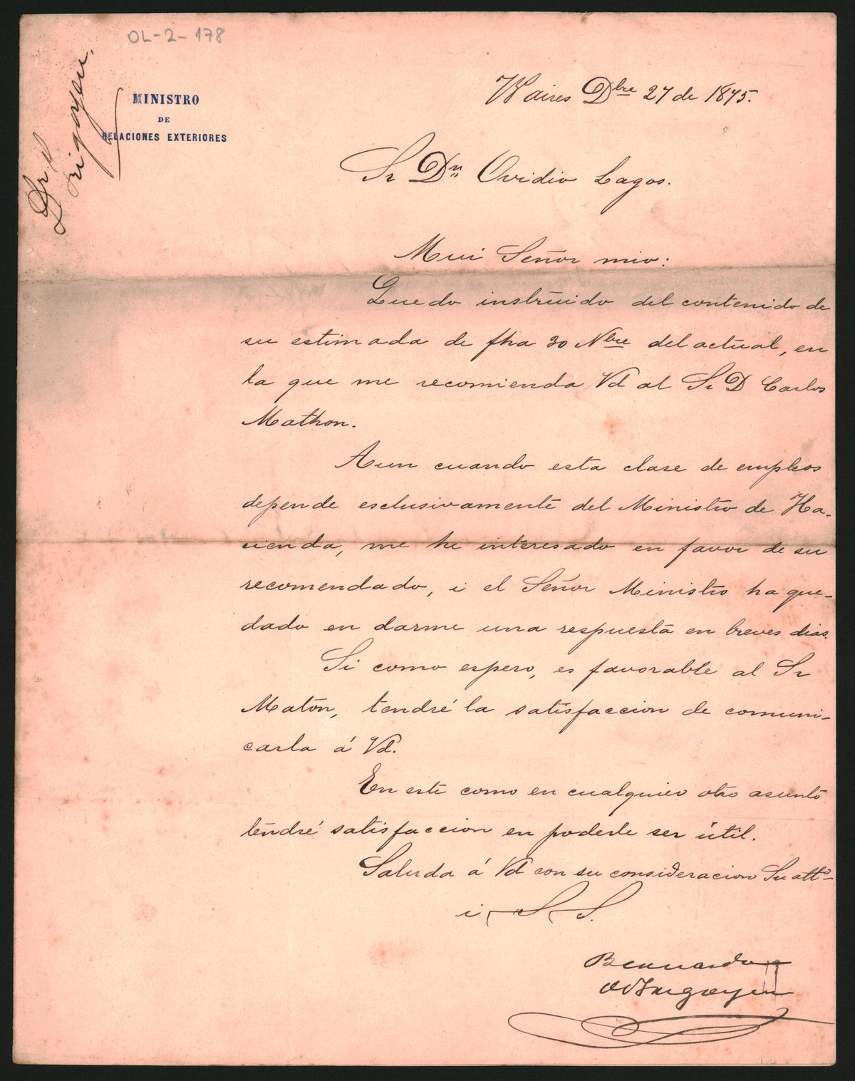 Letter from Bernardo de Irigoyen to Ovidio A. Lagos dated December 27, 1895