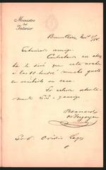 Handwritten letter from Bernardo de Irigoyen to Ovidio Lagos dated November 5, 1884 with official stamp