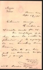 Historical letter from Bernardo de Irigoyen to Ovidio Lagos dated February 27, 1885 with official ministerial stamp