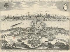 Historical map depicting the city of Cologne and the newly fortified suburb of Dusseldorf during the Thirty Years' War, 1632