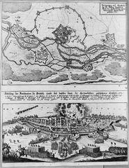 Historical siege of Benfeld and Deutz with soldiers and smoke