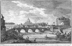 Historical aerial view of Castel Sant'Angelo and surrounding landmarks in Rome including Cappella della Conforteria, Palazzo Altoviti, Basilica Vaticana, Palazzo Apostolico, Spedale di S. Spirito, and S. Maria della Traspontina