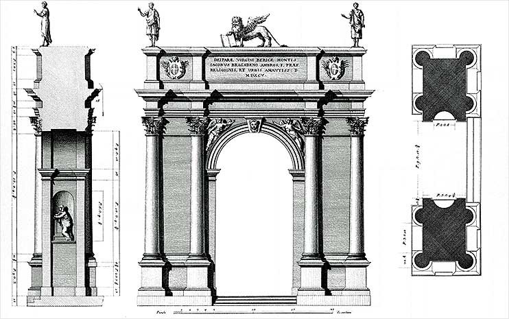 Arco delle Scalette in Vicenza, likely designed by Andrea Palladio in 1576, historical drawing by Ottavio Bertotti Scamozzi in 1776