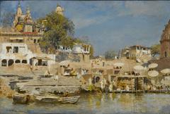 Temples and bathing ghat scene in Benares artwork