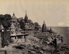 Burning Ghat at Benares with smoke rising, historic photograph by Samuel Bourne