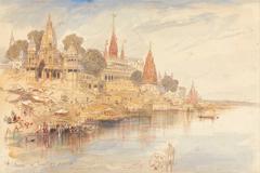 Scenic view of the city of Benares (Varanasi) along the river with boats and historical buildings