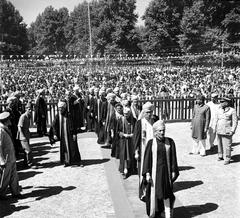 Justice Masood Hussain with Sheikh Abdullah and Pandit Jawaharlal Nehru at Jammu and Kashmir University convocation in Srinagar, 1949