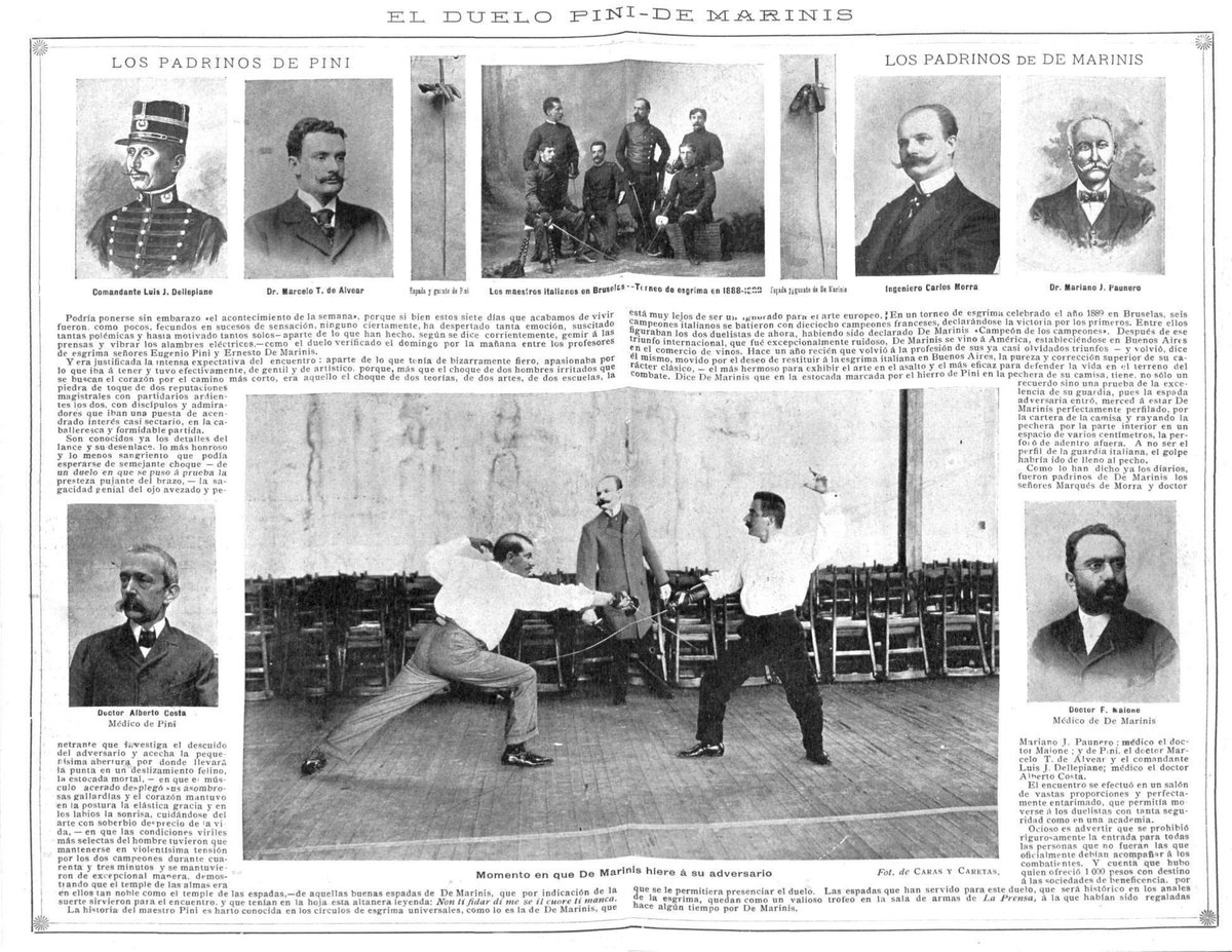 Illustrated duel between Pini and De Marinis from 1899 in Caras y Caretas magazine