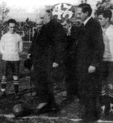 Argentine President Marcelo T. de Alvear kicking off the inauguration at Boca Juniors football stadium