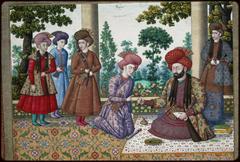 The grand vizier Shah Quli Khan presenting a ring to a young courtier in a detailed 17th-century Persian miniature scene