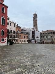 Campo Sant'Angelo square in Venice during December 2022 with historic buildings and people walking