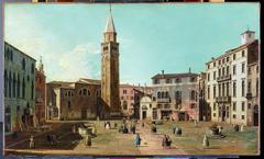 View of Campo Sant'Angelo in Venice with historical buildings and gondolas on the canal