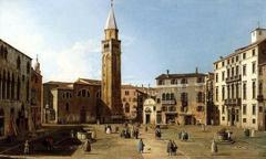 Painting of Campo Sant'Angelo square with the namesake church in Venice by Canaletto