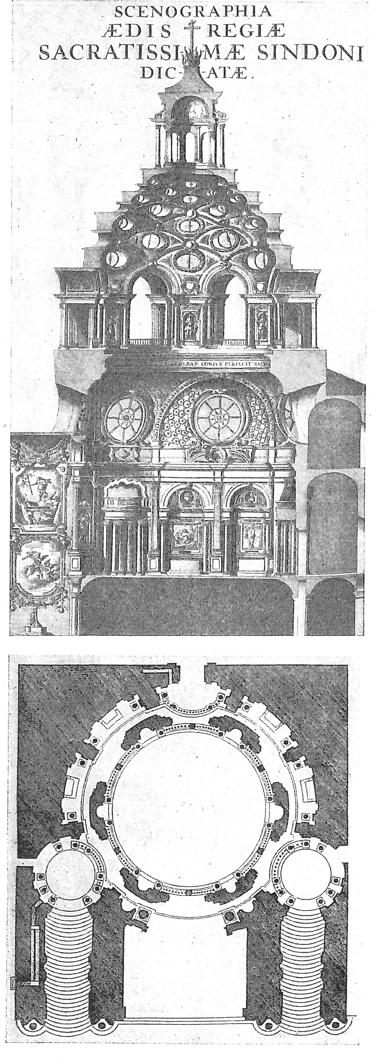 Title page engraving of Guarino Guarini's architectural publication depicting the Holy Shroud Chapel in Turin