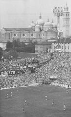 Front view of Stadio Silvio Appiani in Padova with green field and seating stands