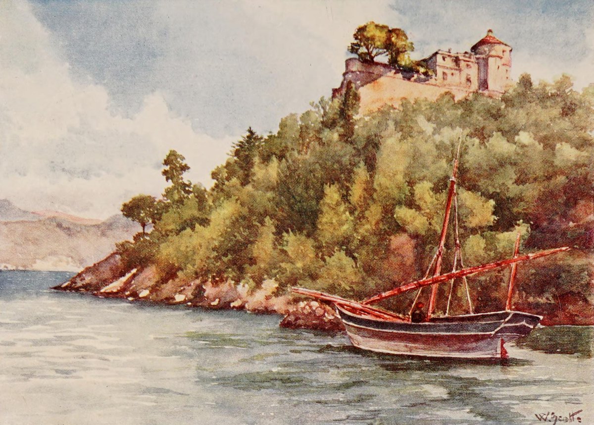 Watercolour painting of Castello Brown hilltop fort in Portofino, Liguria, with traditional sailboat in foreground