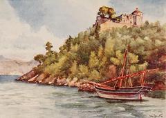 Watercolour painting of Castello Brown hilltop fort in Portofino, Liguria, with traditional sailboat in foreground