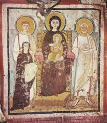Fresco of Virgin Nikopoia with Saints Felix and Adauctus and donor Turtura, 6th century